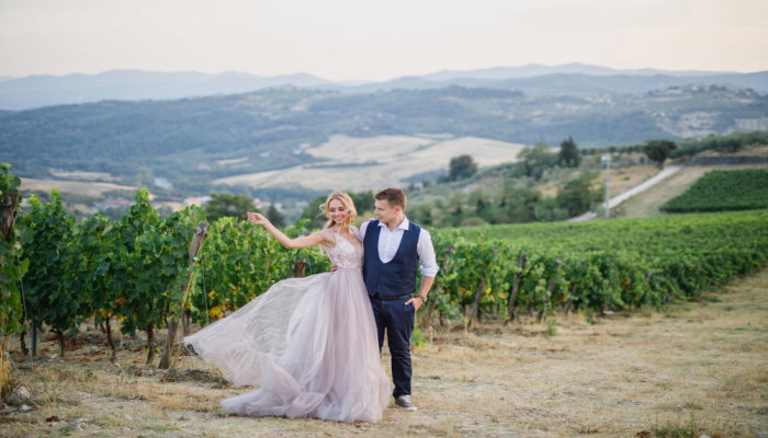 Bride and groom in Florence vineyard
