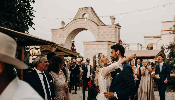 Married couple at their wedding reception in Puglia